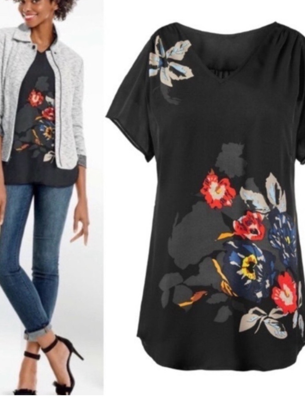 CAbi Fiore Style #5020 Black Short Sleeve Floral Print V-Neck Tunic Top Sz L